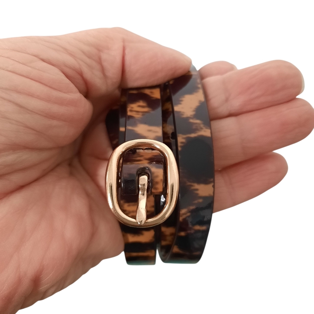 J Crew Genuine Patent Leather Animal Print Belt Narrow Womens Size M Gold Buckle